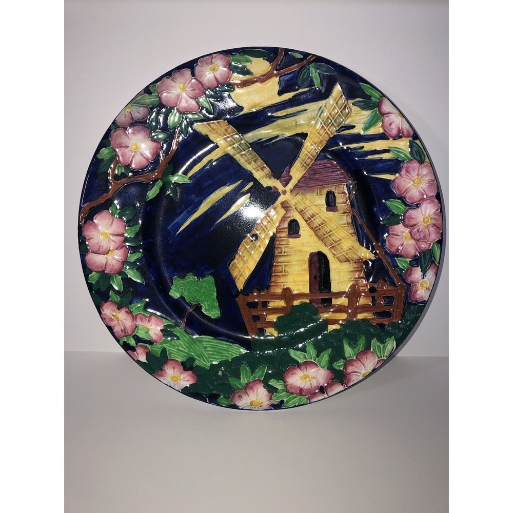Maling Windmill Blue Tube Lined 11" 12” Display Plate Charger Pink Flowers